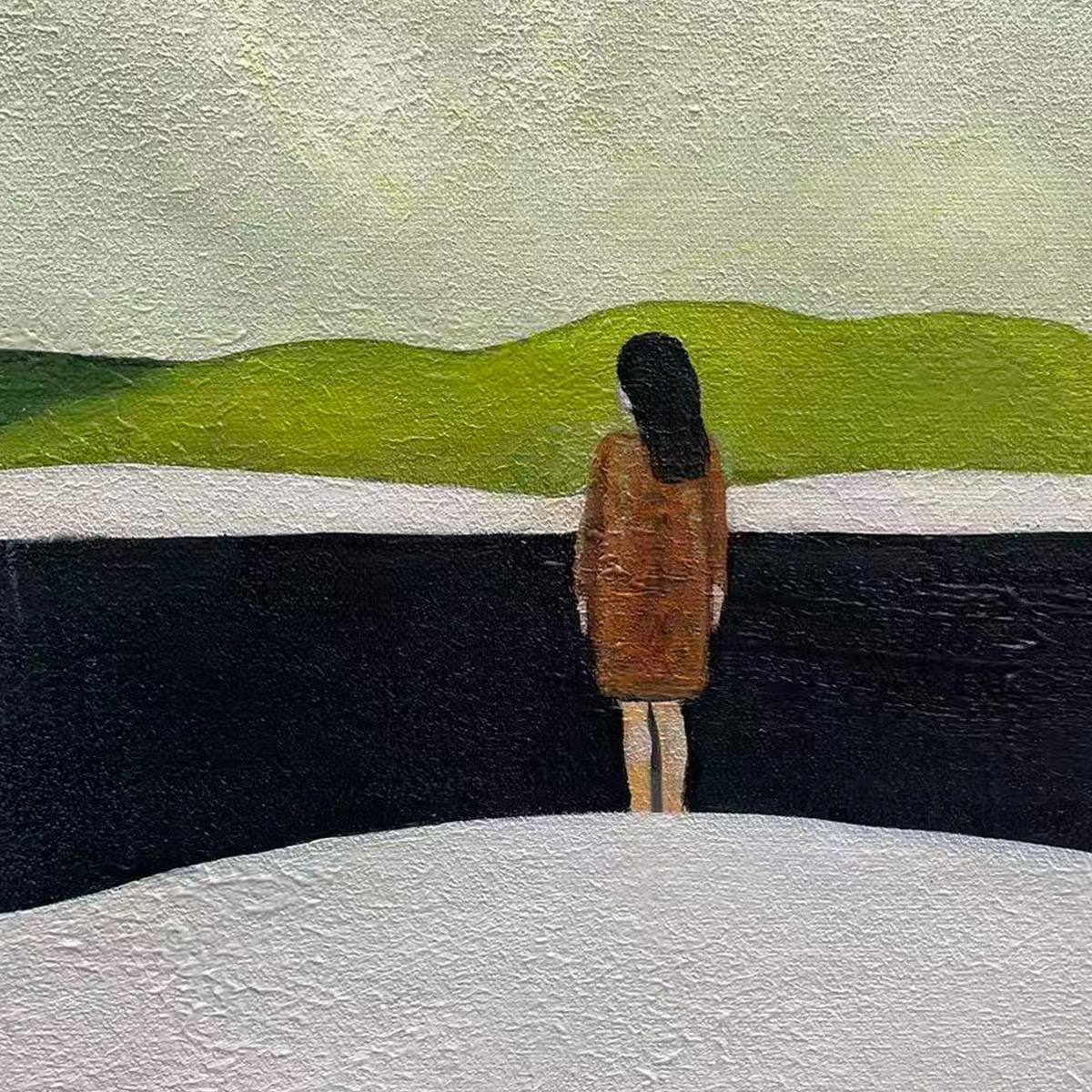 Solitary Figure hand-painted slate blue, ivory and soft grey textured abstract mountain painting shown with silver frame