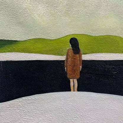Solitary Figure hand-painted slate blue, ivory and soft grey textured abstract mountain painting shown with silver frame