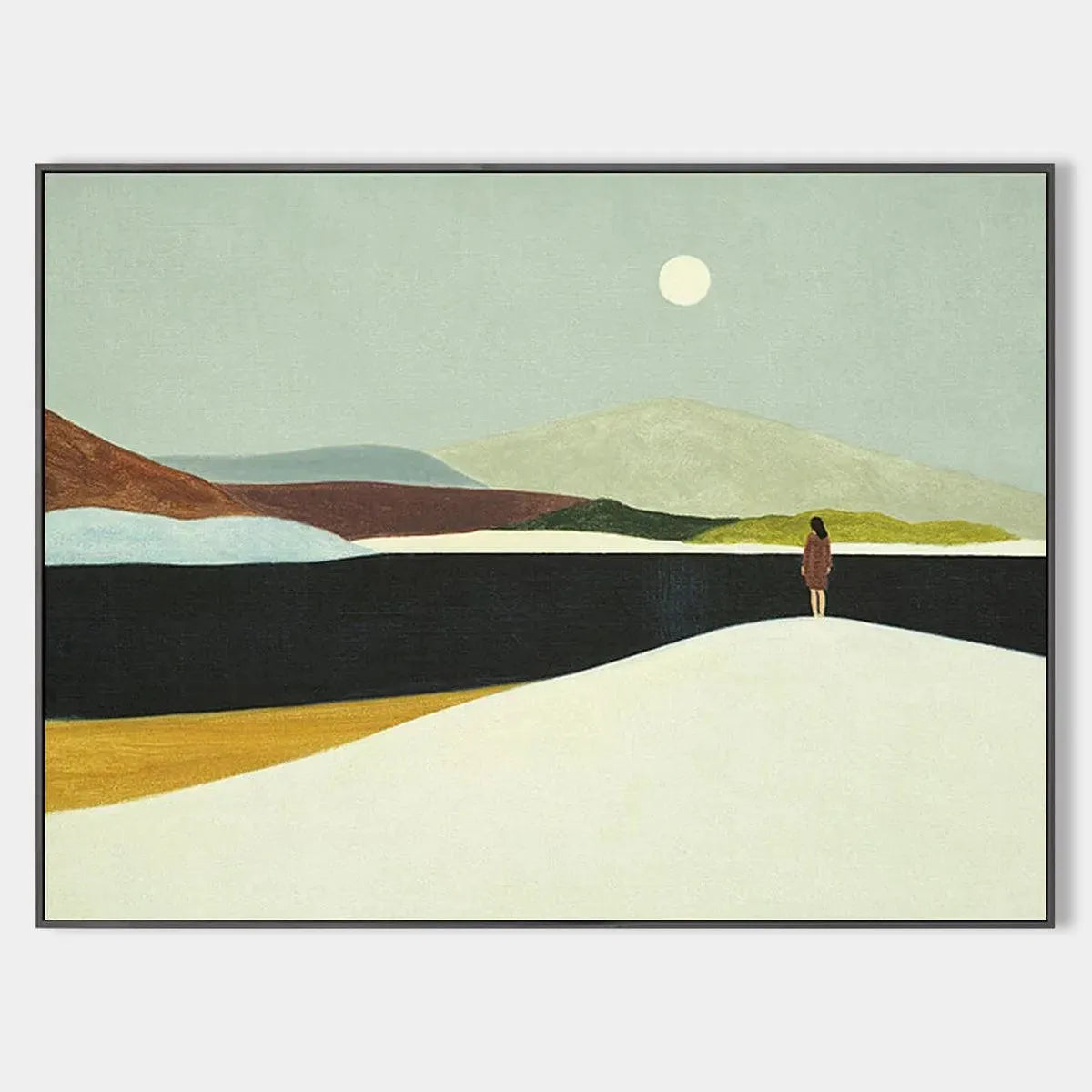 Solitary Figure hand-painted slate blue, ivory and soft grey textured abstract mountain painting rolled canvas option