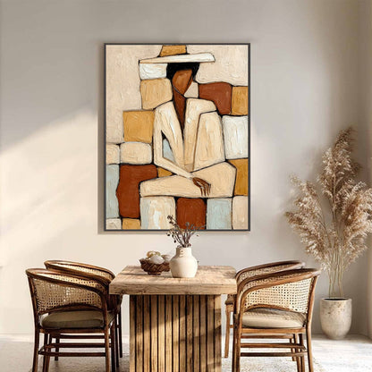 Terracotta and White Abstract Figurative Impasto Oil Painting – Solitude