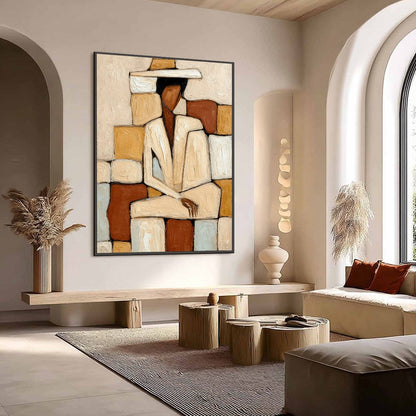 Terracotta and White Abstract Figurative Impasto Oil Painting – Solitude