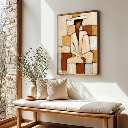Terracotta and White Abstract Figurative Impasto Oil Painting – Solitude