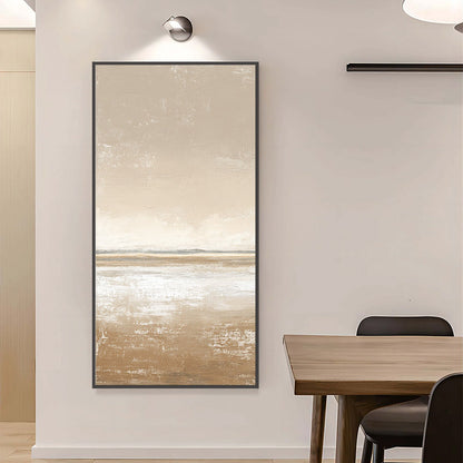 Solitude hand-painted white, beige, sand and earth brown textured coastal abstract painting shown with silver frame