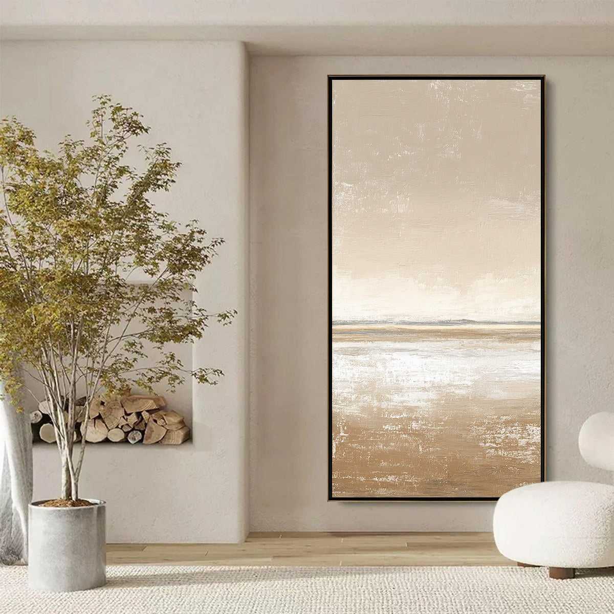 Solitude hand-painted white, beige, sand and earth brown textured coastal abstract painting shown with black frame
