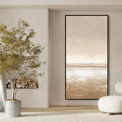 Solitude hand-painted white, beige, sand and earth brown textured coastal abstract painting shown with black frame