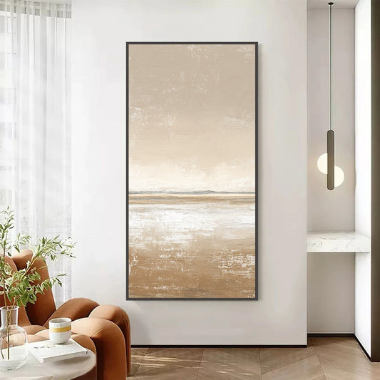 Solitude hand-painted white, beige, sand and earth brown textured coastal abstract painting shown as stretched canvas