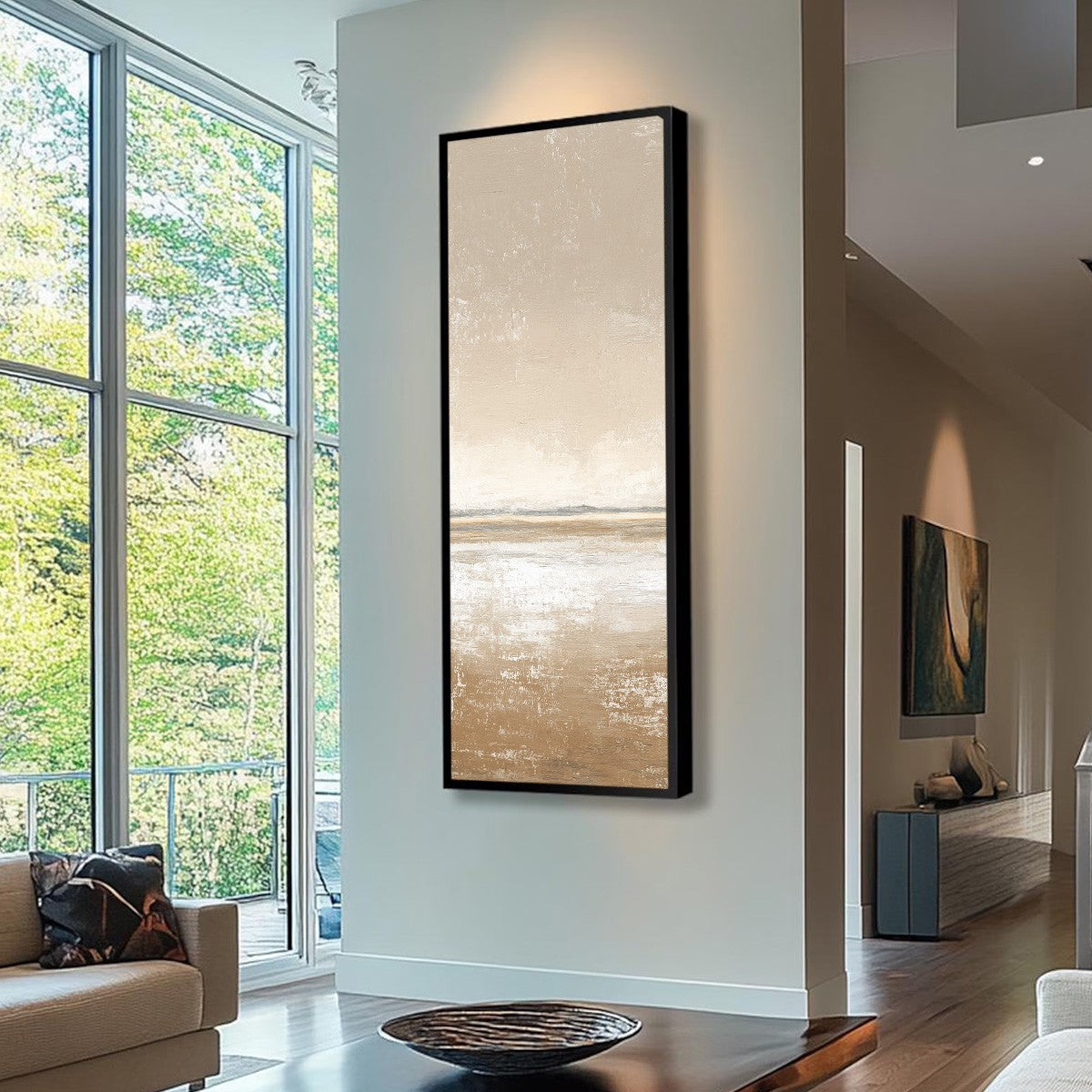 Solitude hand-painted white, beige, sand and earth brown textured coastal abstract painting shown with wood frame