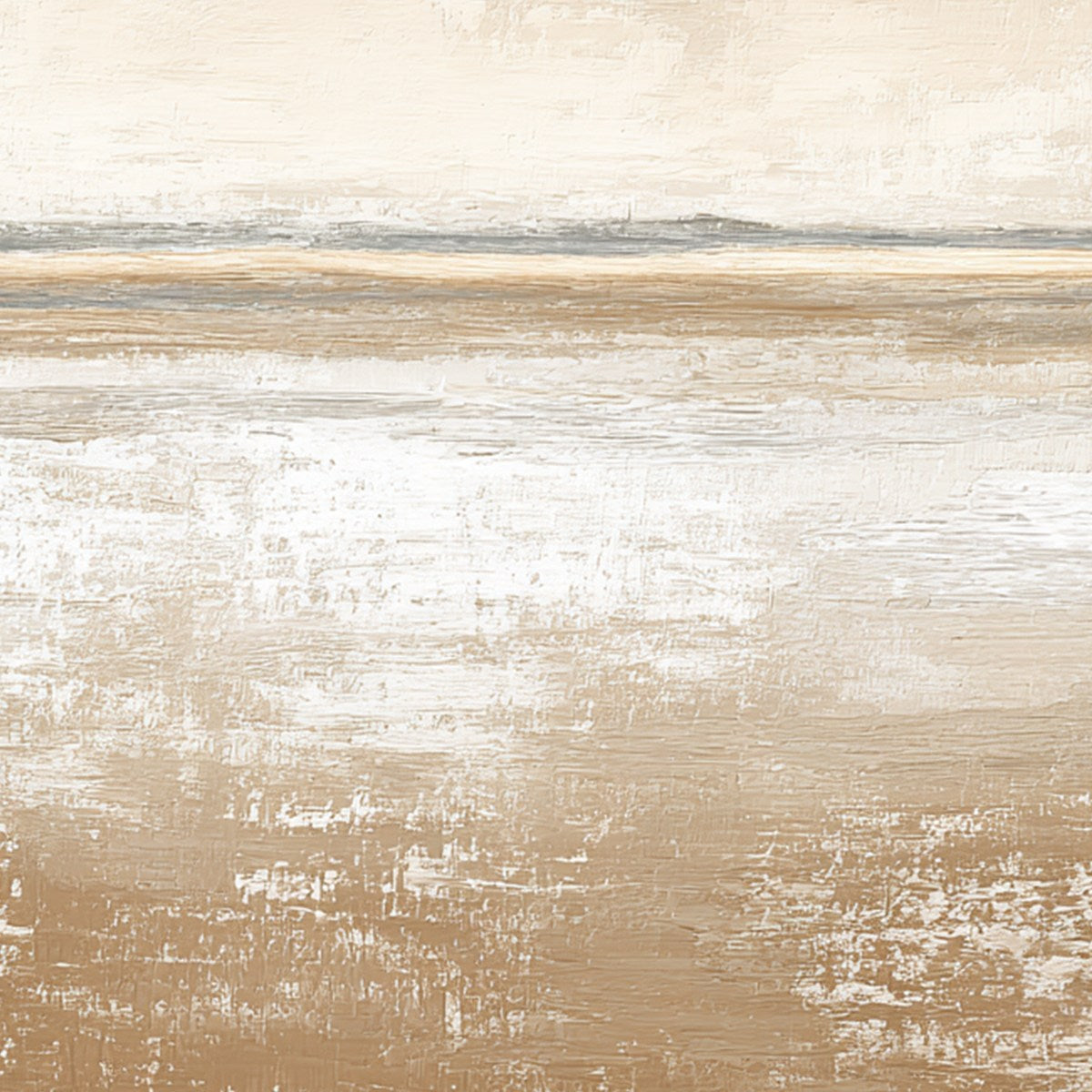 Solitude hand-painted white, beige, sand and earth brown textured coastal abstract painting shown with gold frame