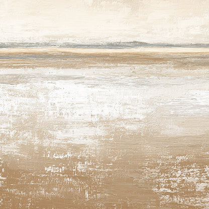 Solitude hand-painted white, beige, sand and earth brown textured coastal abstract painting shown with gold frame