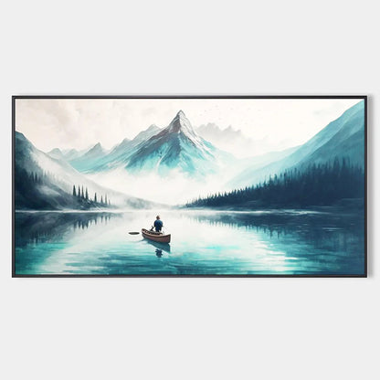 Solitude's Embrace hand-painted slate blue, ivory and soft grey textured mountain lake painting rolled canvas option