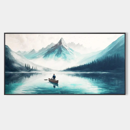 Solitude's Embrace hand-painted slate blue, ivory and soft grey textured mountain lake painting rolled canvas option