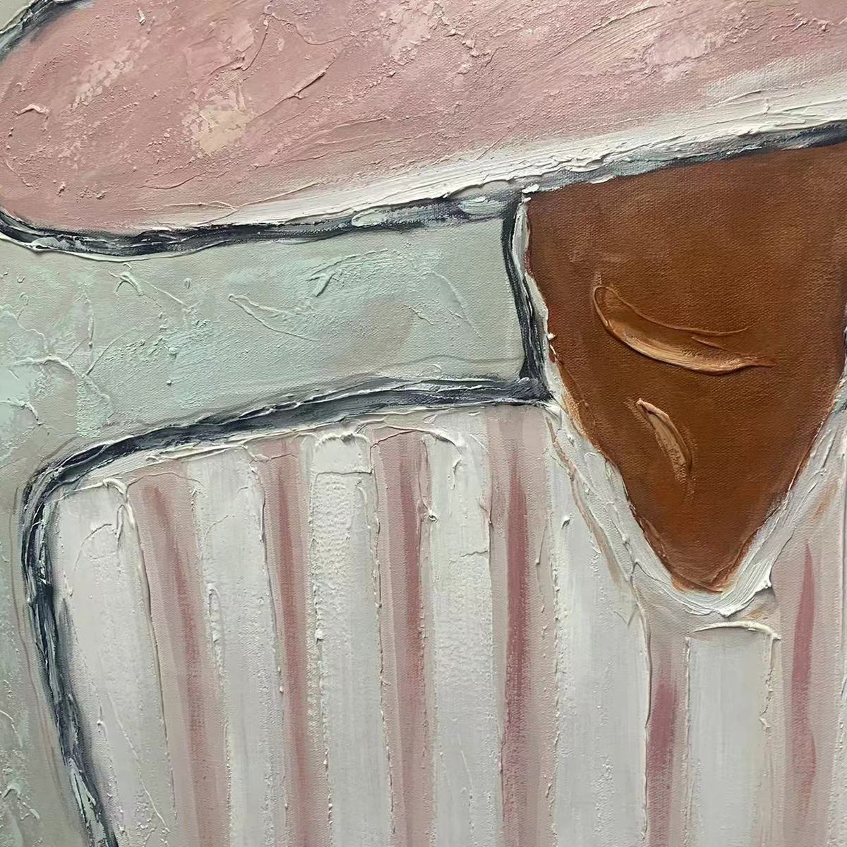 Sage and Blush Minimalist Silhouette Figurative Oil Painting – Sombrero Duet