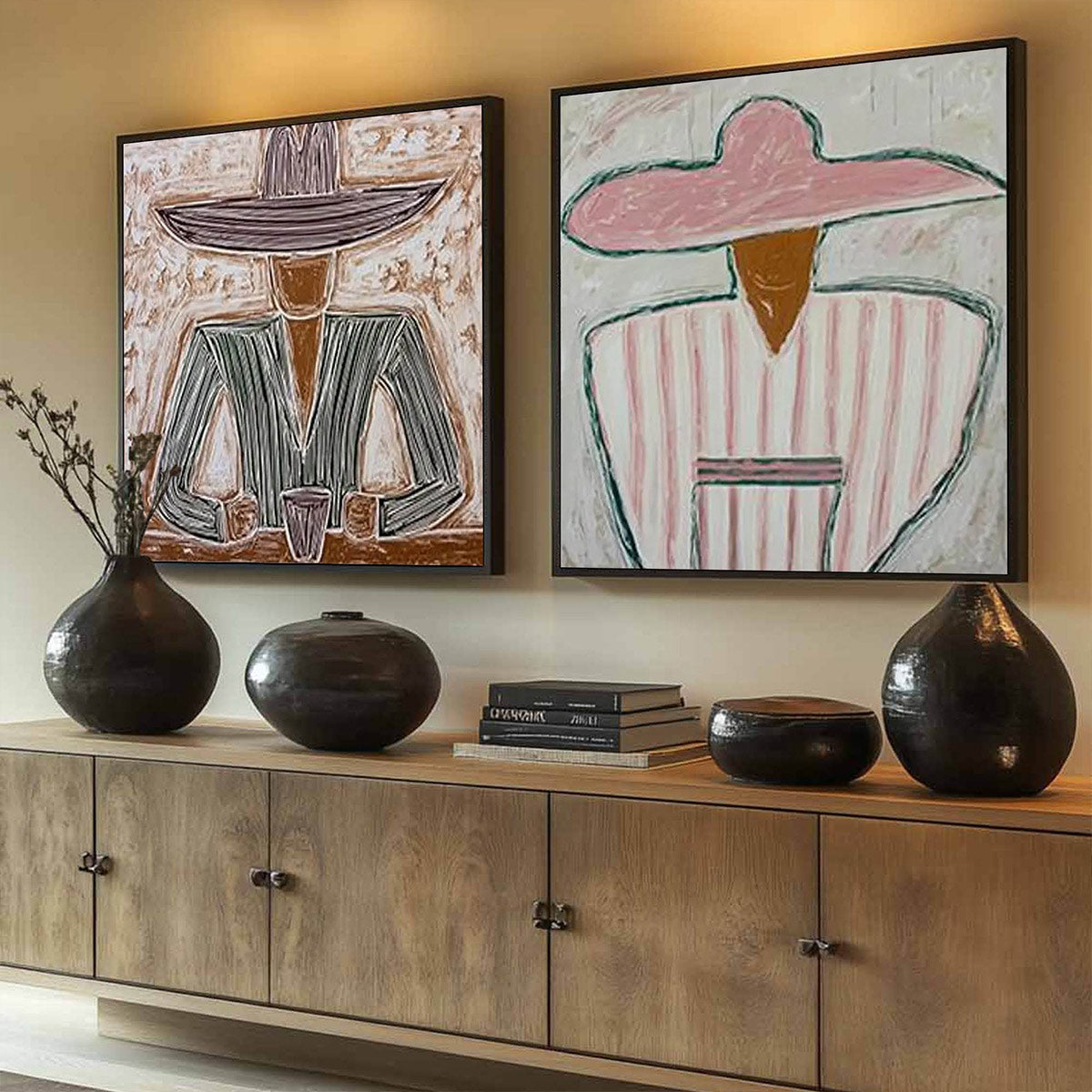 Sage and Blush Minimalist Silhouette Figurative Oil Painting – Sombrero Duet
