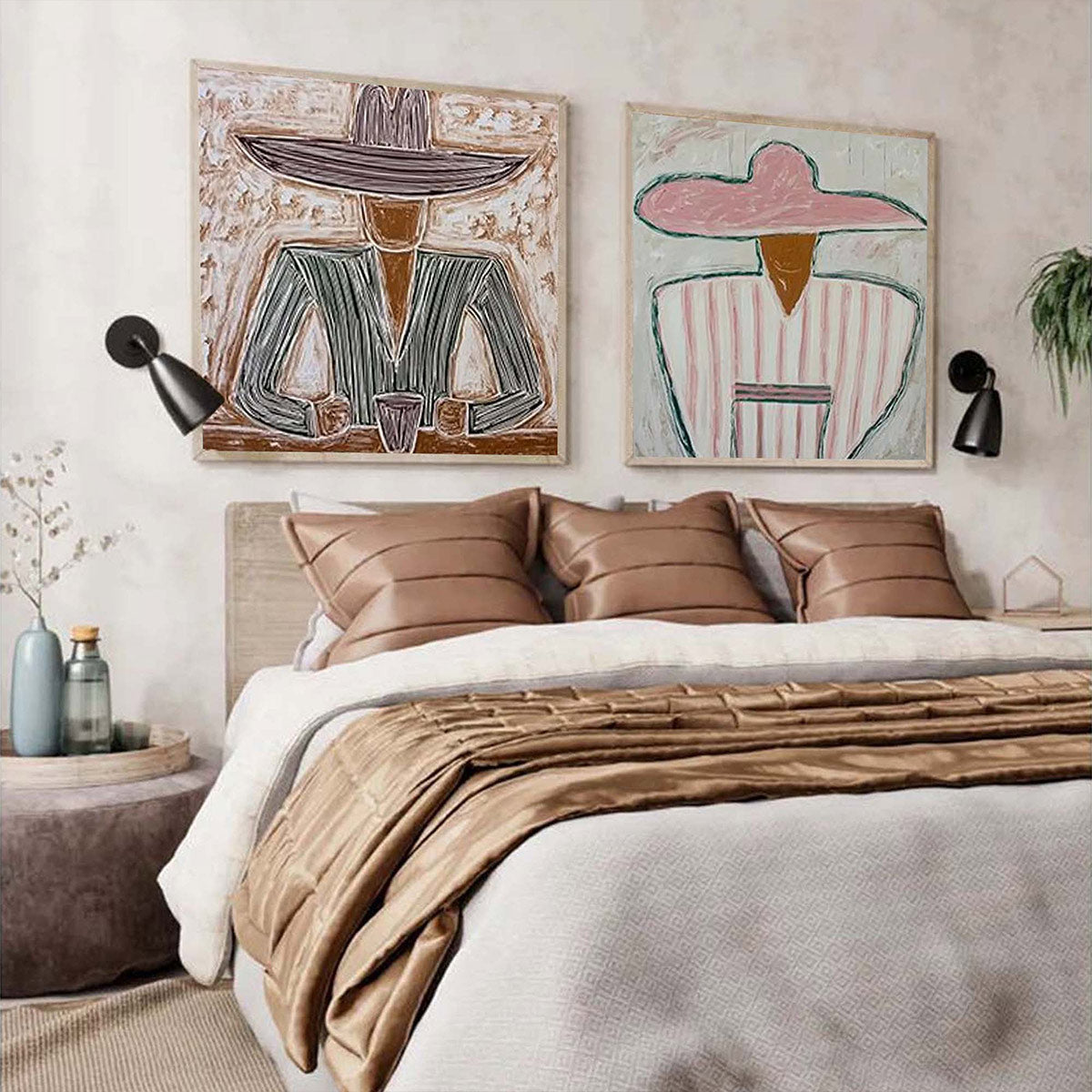 Sage and Blush Minimalist Silhouette Figurative Oil Painting – Sombrero Duet