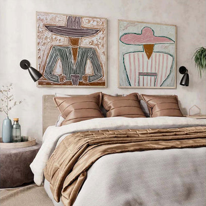 Sage and Blush Minimalist Silhouette Figurative Oil Painting – Sombrero Duet