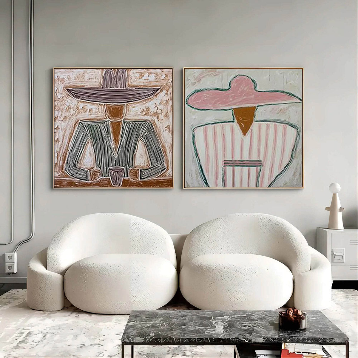 Sage and Blush Minimalist Silhouette Figurative Oil Painting – Sombrero Duet