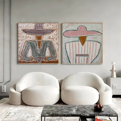 Sage and Blush Minimalist Silhouette Figurative Oil Painting – Sombrero Duet