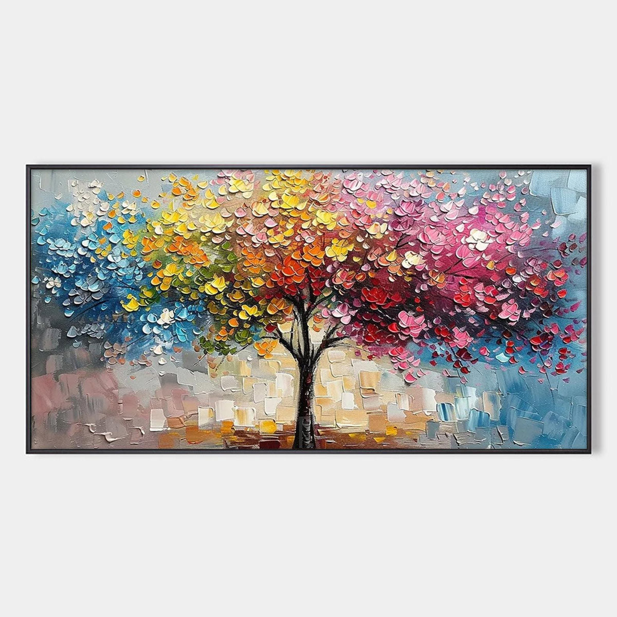Spectrum of Joy hand-painted crimson, golden yellow, turquoise and violet textured tree painting rolled canvas option