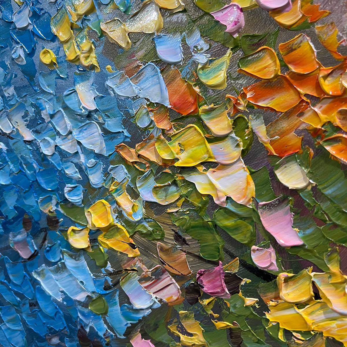 Spectrum of Joy hand-painted crimson, golden yellow, turquoise and violet textured tree painting shown with gold frame