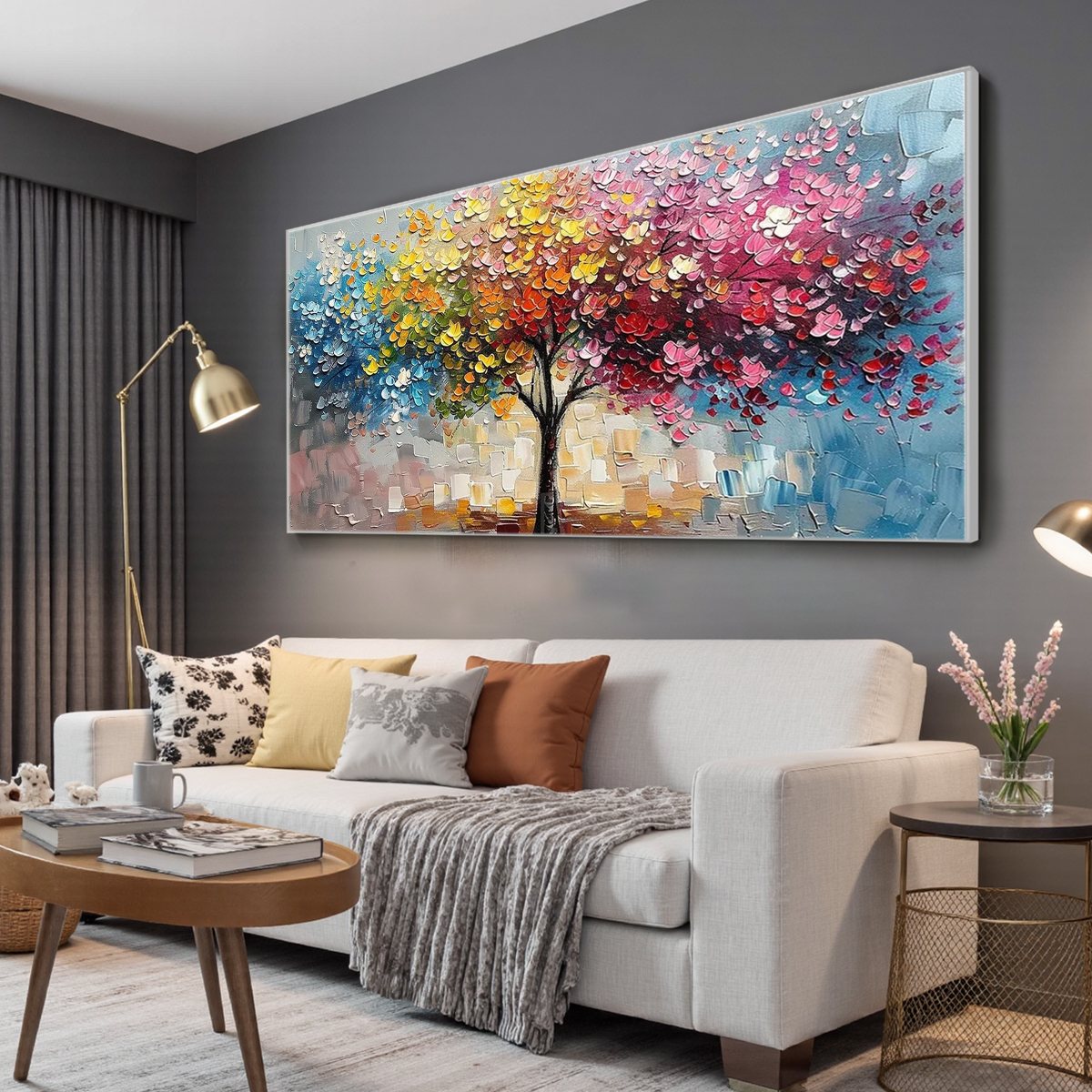 Spectrum of Joy hand-painted crimson, golden yellow, turquoise and violet textured tree painting shown with white frame