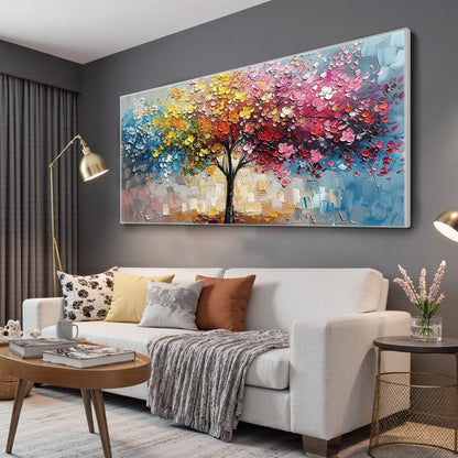 Spectrum of Joy hand-painted crimson, golden yellow, turquoise and violet textured tree painting shown with white frame