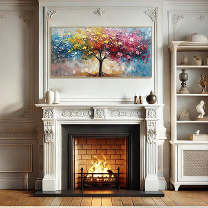 Spectrum of Joy hand-painted crimson, golden yellow, turquoise and violet textured tree painting shown with wood frame