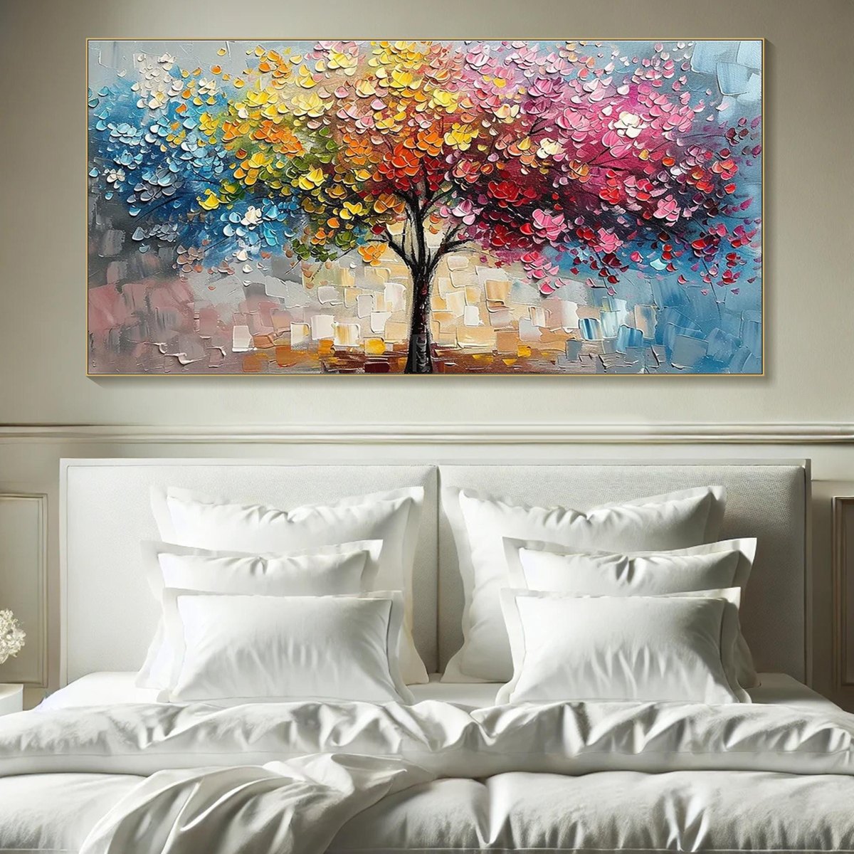 Spectrum of Joy hand-painted crimson, golden yellow, turquoise and violet textured tree painting rolled canvas option