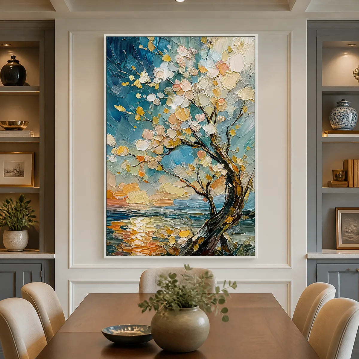 Springtide Tree hand-painted ocean blue, ivory and soft neutral tones textured seascape painting