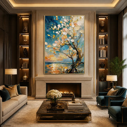 Springtide Tree hand-painted ocean blue, ivory and soft neutral tones textured seascape painting