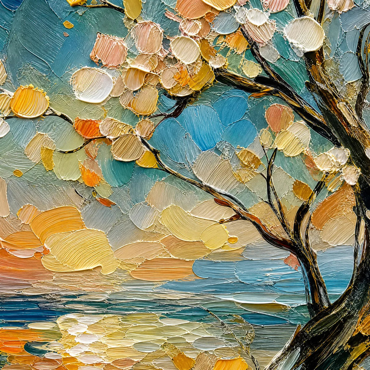 Springtide Tree hand-painted ocean blue, ivory and soft neutral tones textured seascape painting