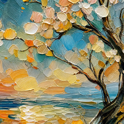 Springtide Tree hand-painted ocean blue, ivory and soft neutral tones textured seascape painting