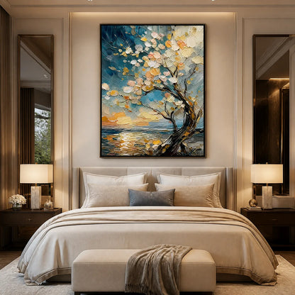 Springtide Tree hand-painted ocean blue, ivory and soft neutral tones textured seascape painting
