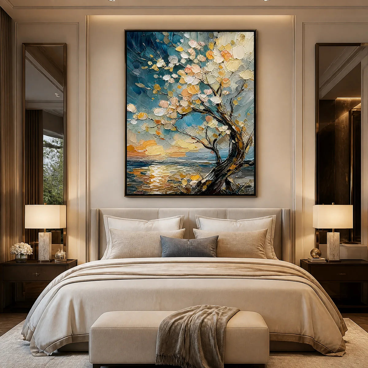 Springtide Tree hand-painted crimson, golden yellow, turquoise and violet textured blossom tree painting