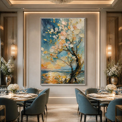 Springtide Tree hand-painted crimson, golden yellow, turquoise and violet textured blossom tree painting