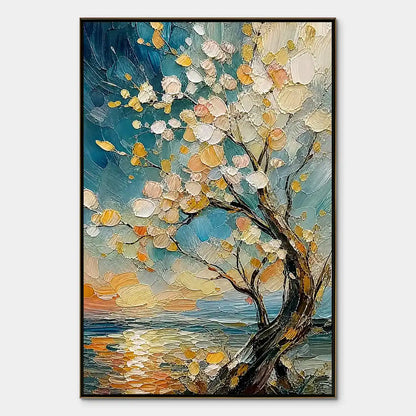 Springtide Tree hand-painted ocean blue, ivory and soft neutral tones textured seascape painting