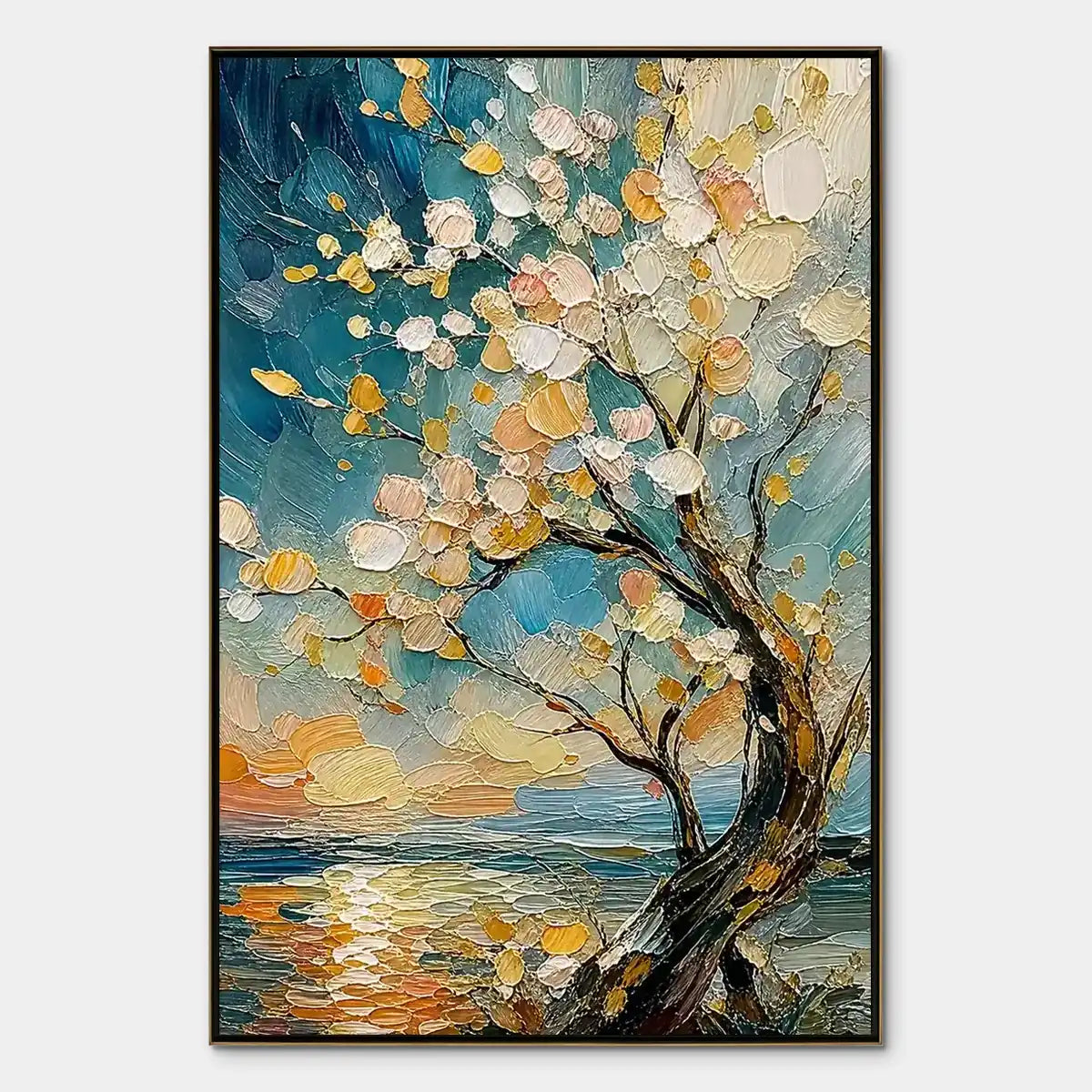 Springtide Tree hand-painted crimson, golden yellow, turquoise and violet textured blossom tree painting