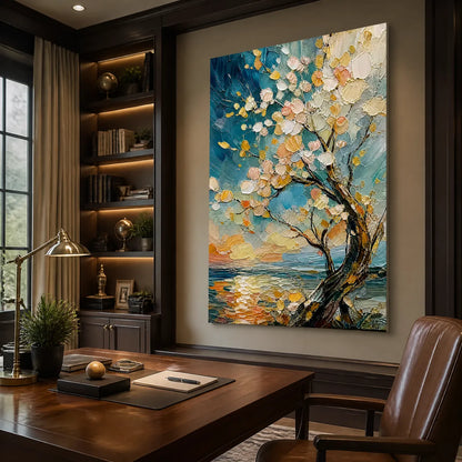 Springtide Tree hand-painted crimson, golden yellow, turquoise and violet textured blossom tree painting