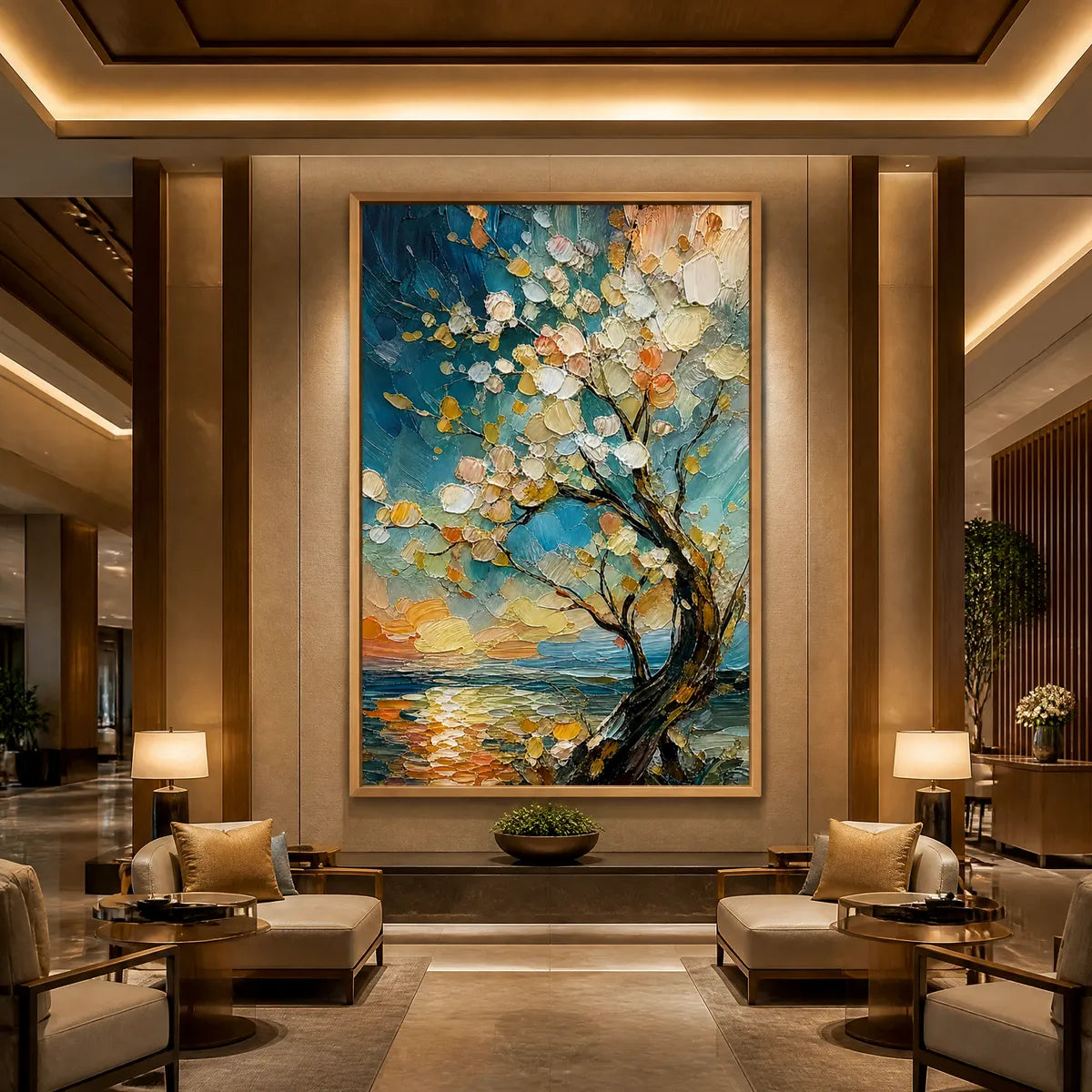 Springtide Tree hand-painted ocean blue, ivory and soft neutral tones textured seascape painting