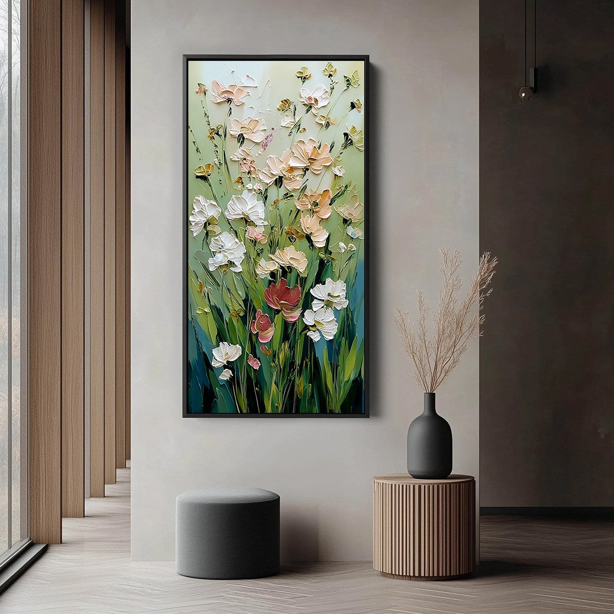 Green and Blush Wildflower Impasto Painting – Spring's Embrace