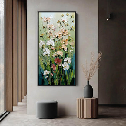 Green and Blush Wildflower Impasto Painting – Spring's Embrace