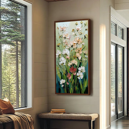 Green and Blush Wildflower Impasto Painting – Spring's Embrace