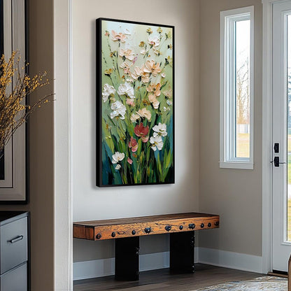 Green and Blush Wildflower Impasto Painting – Spring's Embrace