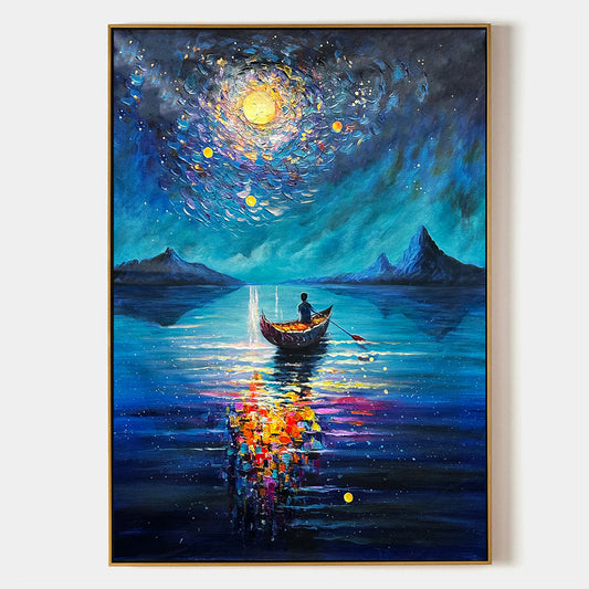 Starry Voyage hand-painted ocean blue and ivory textured coastal landscape painting rolled canvas option