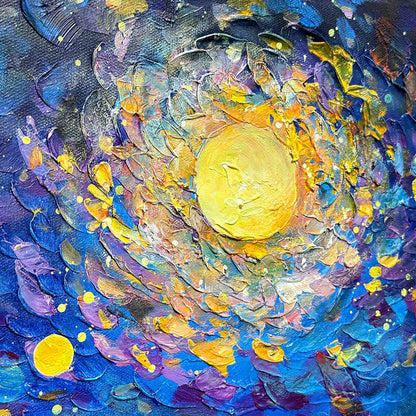 Starry Voyage hand-painted ocean blue and ivory textured coastal landscape painting shown with gold frame