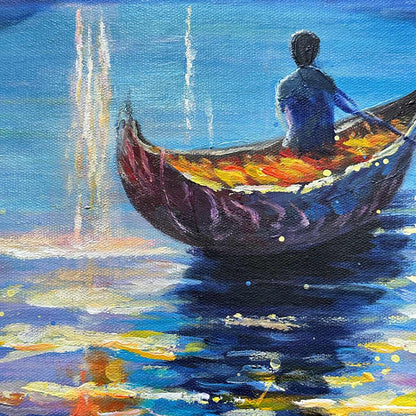 Starry Voyage hand-painted ocean blue and ivory textured coastal landscape painting shown with wood frame