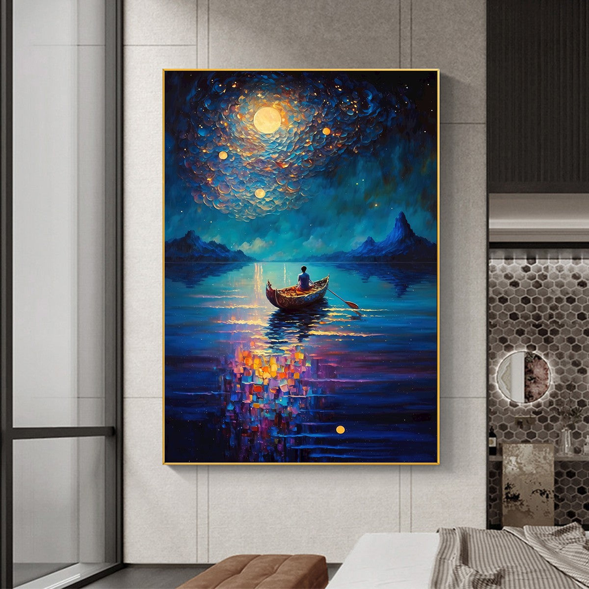 Starry Voyage hand-painted ocean blue and ivory textured coastal landscape painting rolled canvas option