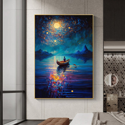 Starry Voyage hand-painted ocean blue and ivory textured coastal landscape painting rolled canvas option