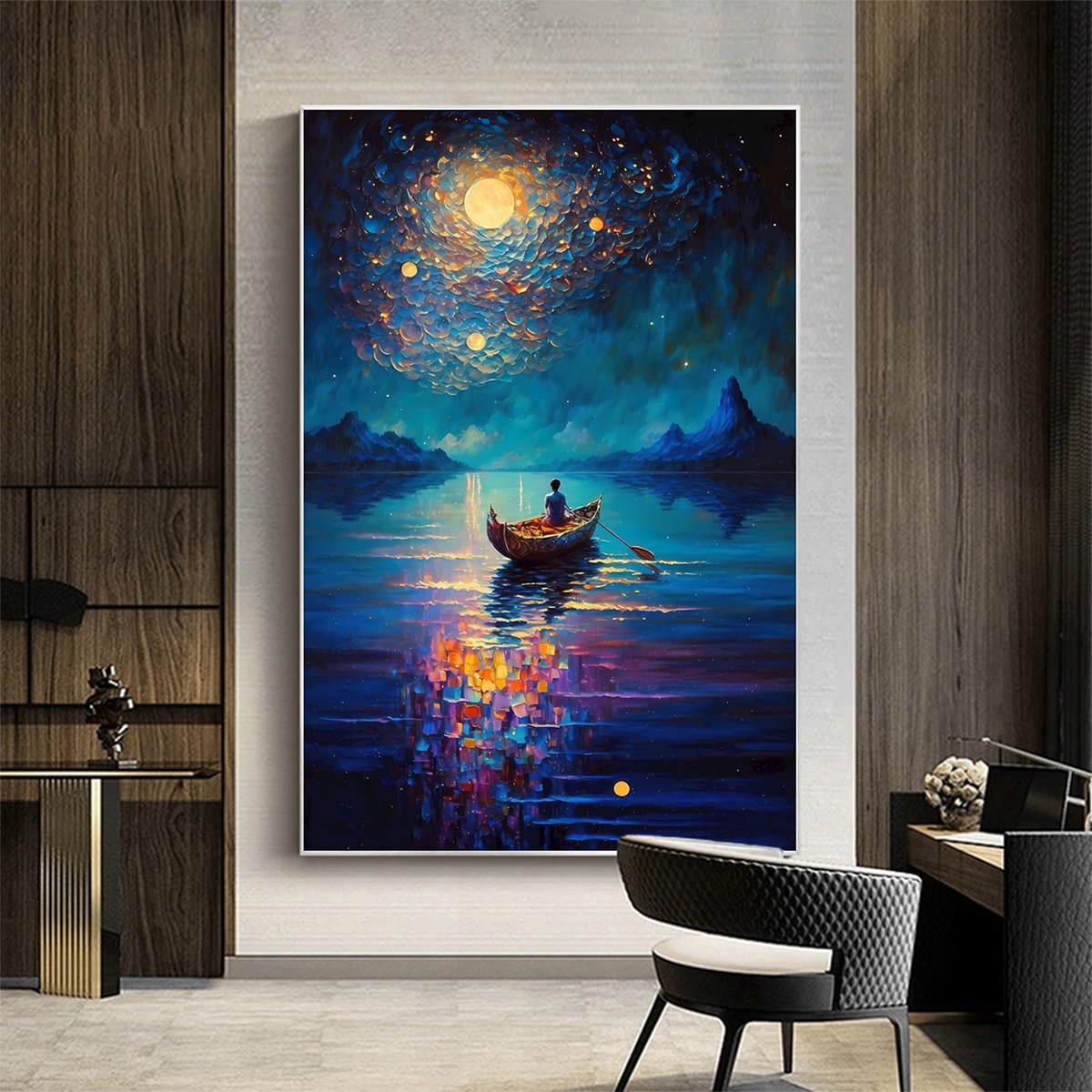 Starry Voyage hand-painted ocean blue and ivory textured coastal landscape painting shown as stretched canvas