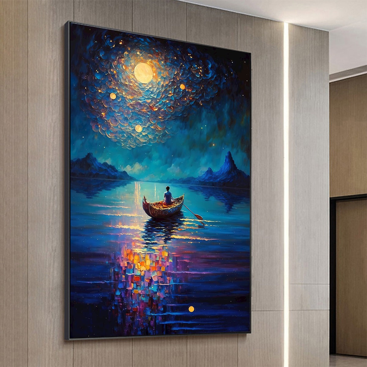 Starry Voyage hand-painted ocean blue and ivory textured coastal landscape painting shown with white frame