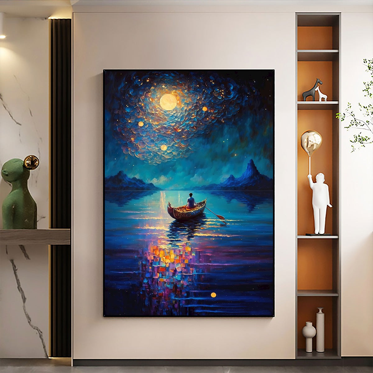 Starry Voyage hand-painted ocean blue and ivory textured coastal landscape painting shown as stretched canvas